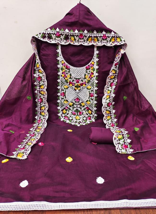 Chanderi Burgandy Traditional Wear Embroidery Work Dress Material